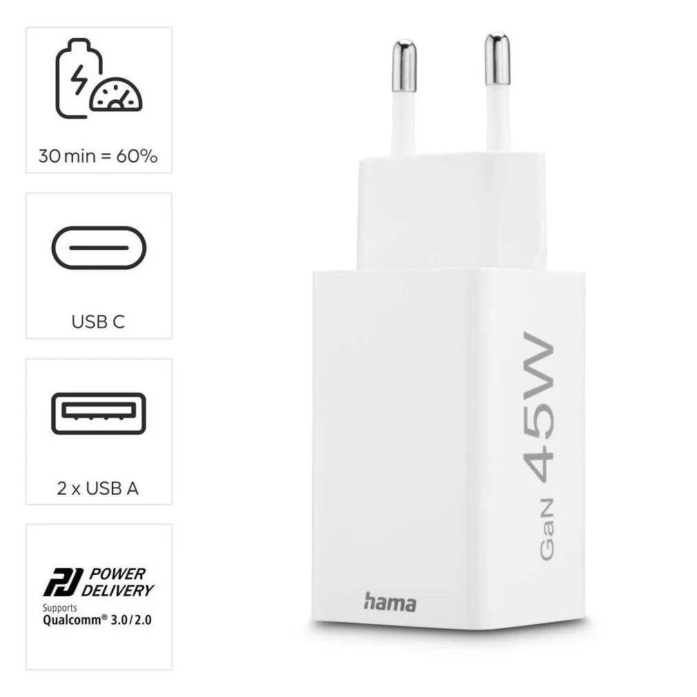 Hama Fast Charger GaN 1x USB-C PD 2x USB-A QC Mini-Charger 45 W Wit