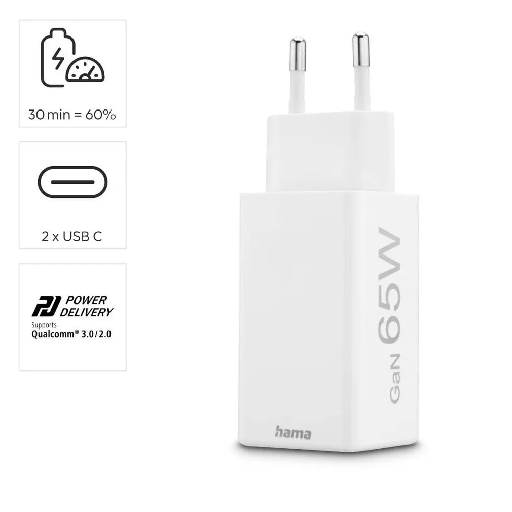 Hama Fast Charger GaN 2x USB-C PD/Qualcomm®  Mini-Charger 65 W Wit