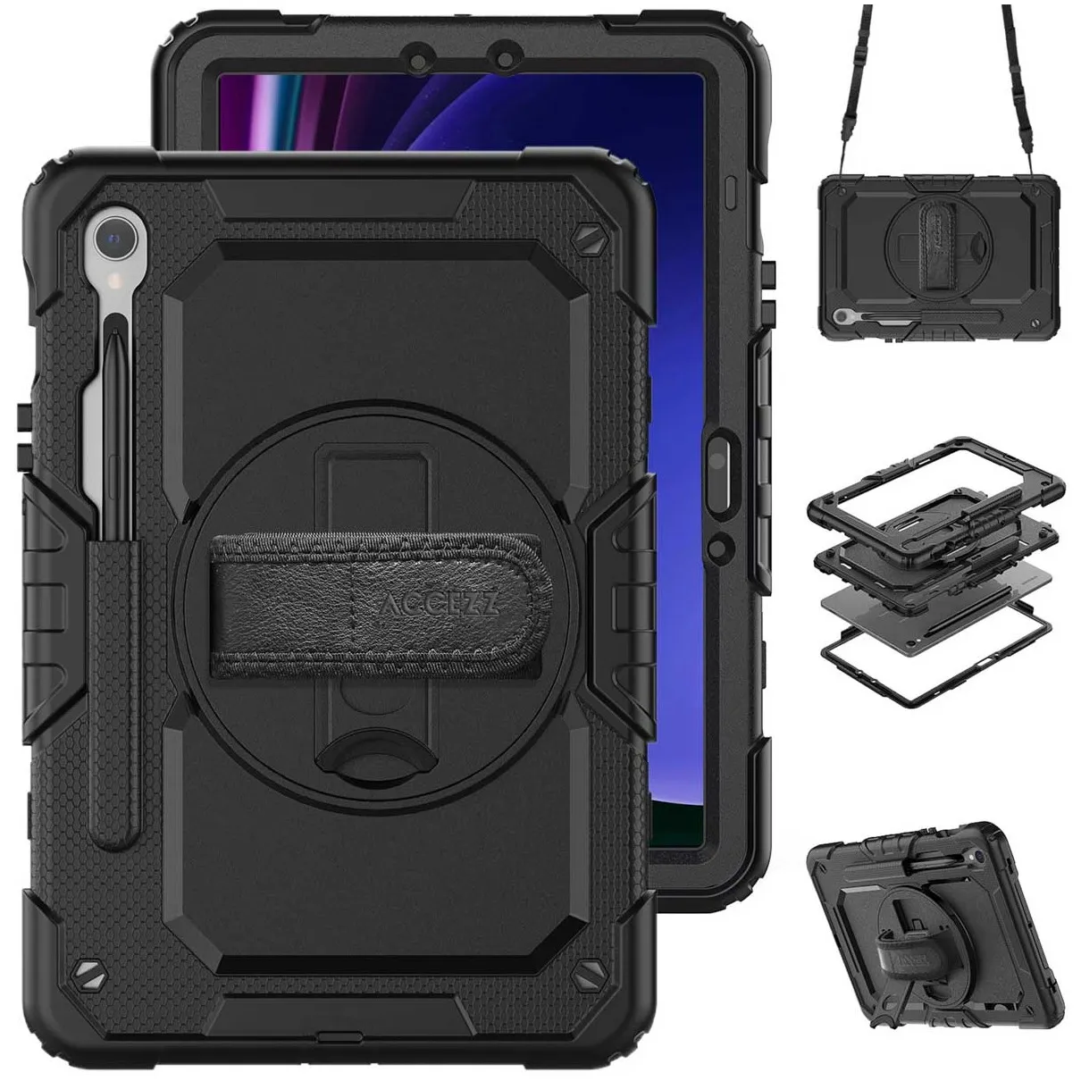 Accezz Rugged Backcover Shoulder Strap voor de Samsung Galaxy Tab S9 FE / Tab S9 Zwart